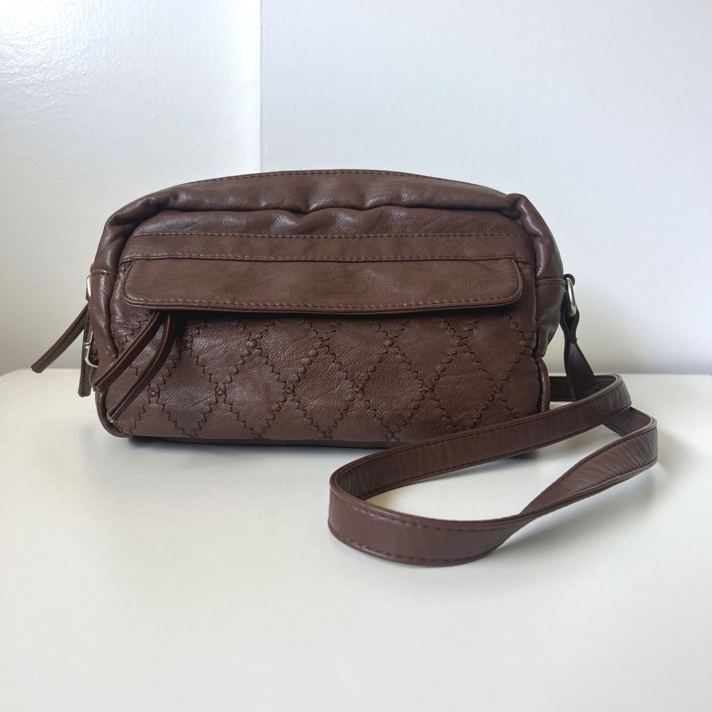Sam & Hadley Dark Brown Faux Leather Shoulder Bag Diamond Stitch Zip Top Purse
